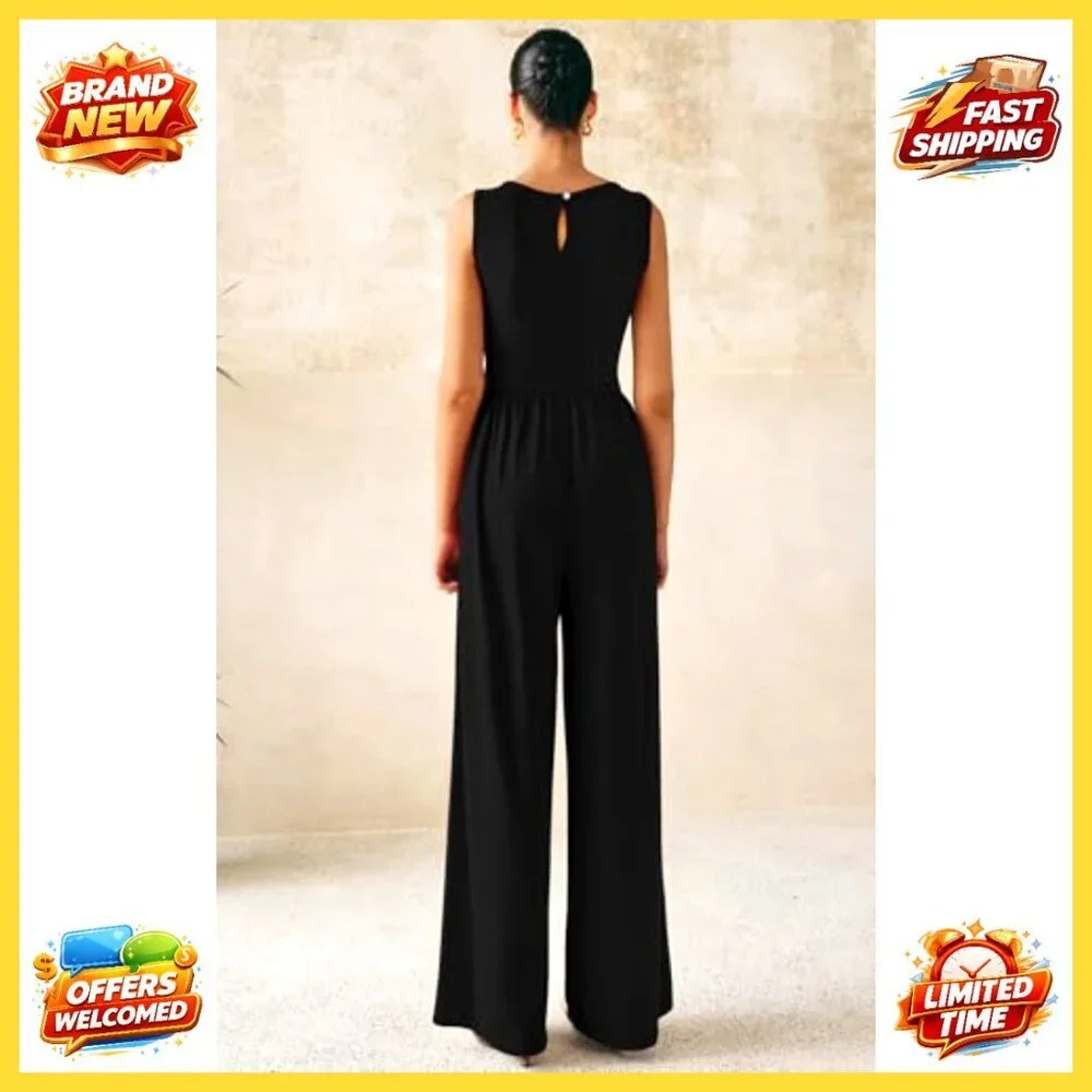 Sleeveless Wide Leg Jumpsuit Elegant Chic Casual Summer Romper - Picture 6 of 8